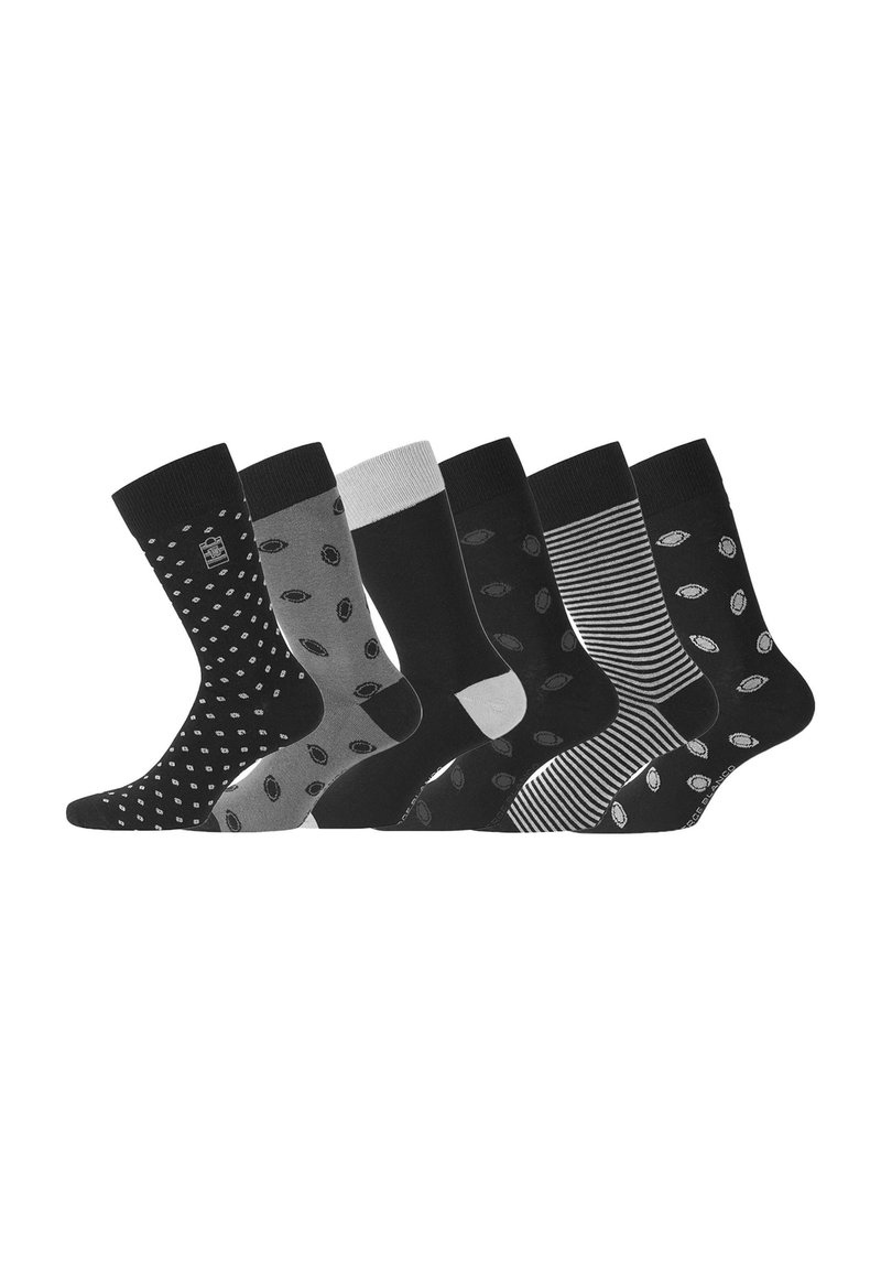 Six paires de chaussettes de type crew en noir et gris avec des motifs variés : pois, feuilles et rayures ; textures mises en évidence et bandes contrastantes.