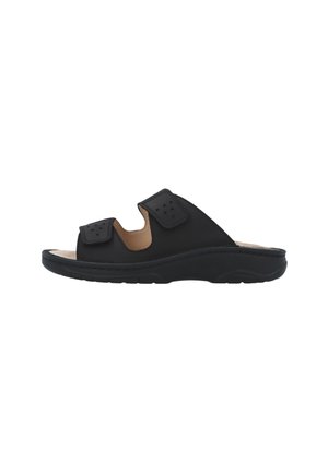 Sort sandal med åben tå, to justerbare velcrobånd og en polstret sål designet til komfort og nem påtagning.