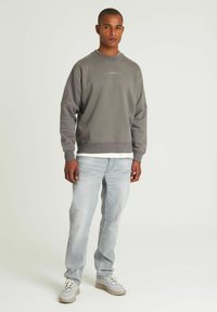 Grå sweatshirt med rund hals og struktureret stof, parret med lyseblå jeans og grå sneakers. Minimalistisk design med diskret branding.