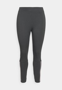 Spodnie legginsy wysokie w talii, ciemnoszare, o gładkiej fakturze, z różowymi paskami po bokach i zwężanym krojem nogawki.