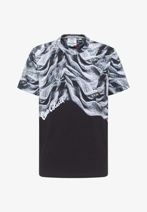 Black short-sleeve t-shirt with a textured, white wave pattern on the upper half. Features a round neckline and printed logo at the bottom.