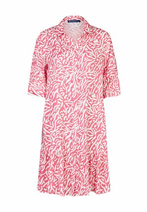 Roze overhemdjurk met een wit abstract patroon, korte mouwen, knopen aan de voorkant en een gelaagde volant zoom, gemaakt van een lichtgewicht stof.