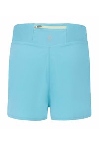 Light blue athletic shorts with a high waistband and a small zippered pocket on the back center.