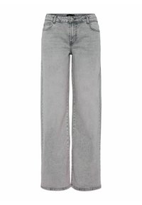 Široke traperice u svijetlosivoj boji denim, s visokim strukom, dizajnom od pet džepova i suptilnim whiskeringom na prednjoj strani za kontrast u teksturi.