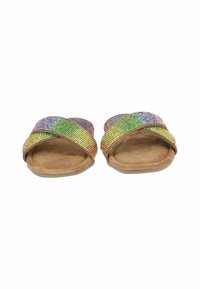 Flat slide sandals with a tan suede footbed and cross straps embellished with multicolored rhinestones in a gradient pattern.
