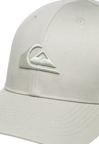 Gorra gris claro con visera curvada, con un tejido texturado y un logo bordado en un tono a juego. Diseño de seis paneles con orificios de ventilación.