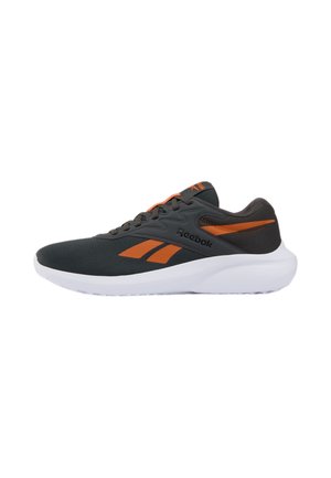 Schwarzer und orangefarbener Reebok Laufschuh mit weißer Sohle, Mesh-Obermaterial und Schnürdesign, seitlich dargestellt.