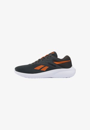 Scarpa da corsa Reebok nera e arancione con suola bianca, tomaia in mesh e design con lacci, mostrata di profilo laterale.