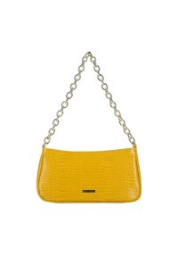 Borsa gialla in pelle con effetto coccodrillo, di forma rettangolare, dotata di una tracolla in metallo color oro e un piccolo logo in metallo.