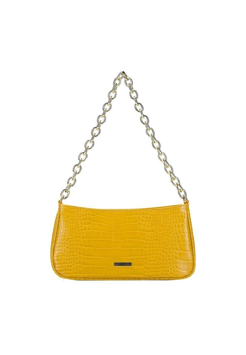 Borsa gialla in pelle con effetto coccodrillo, di forma rettangolare, dotata di una tracolla in metallo color oro e un piccolo logo in metallo.