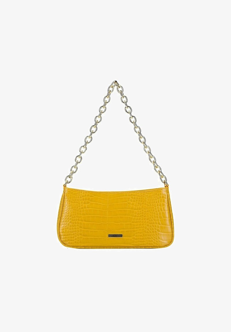Yellow crocodile-embossed handbag with a rectangular shape, featuring a gold-tone chain strap and a small metal logo accent.