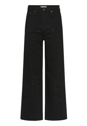 Svarta hög midja vida byxor med subtil glittrande detaljer och framfickor, knäppning och dragkedjestängning.