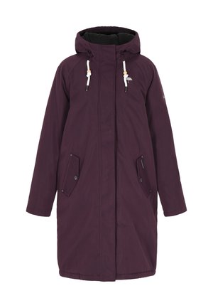 Cappotto viola con cappuccio, chiusura con zip, due tasche frontali e cordoncini regolabili. Tessuto liscio, design di lunghezza media e vestibilità rilassata.