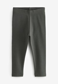 Leggings verde scuro a coste con vita piatta e design aderente, realizzati in tessuto elasticizzato, caratterizzati da una finitura liscia e texturizzata.