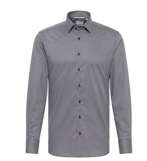 Zwart-wit geblokte blouse met lange mouwen, een puntige kraag, knopen aan de voorkant en een gestructureerd stofpatroon.