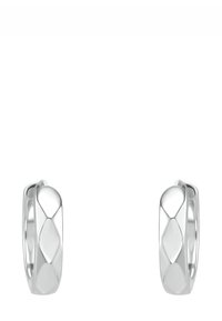 Orecchini a cerchio in argento con una superficie lucida e riflettente e un motivo a forma di diamante. Bordo arrotondato con una chiusura a scatto sicura.