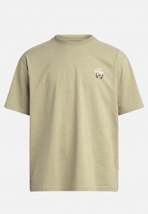 Olive green cotton t-shirt with a crew neckline, short sleeves, and a small "lifelab" graphic in white on the chest. Smooth texture.
