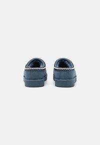 Blue slip-on shoes with a soft fabric upper, textured sole, and a decorative trim around the collar. Smooth finish with a rounded shape.