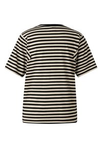 Koszulka w paski w kolorze czarnym i kremowym, z okrągłym dekoltem i krótkimi rękawami. Gładka tkanina z poziomymi paskami na plecach.