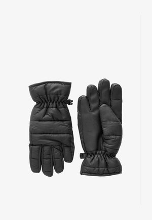 Schwarze isolierte Handschuhe mit einem gesteppten Design und elastischen Bündchen. Texturierte Handflächen verbessern den Griff. Verfügt über einen Sicherungsriemen für einen festen Sitz.