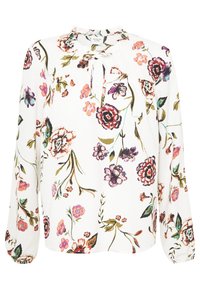 Blusa floreale con sfondo bianco, maniche lunghe, scollo arricciato e dettaglio con fiocco; presenta motivi floreali colorati in diverse tonalità.
