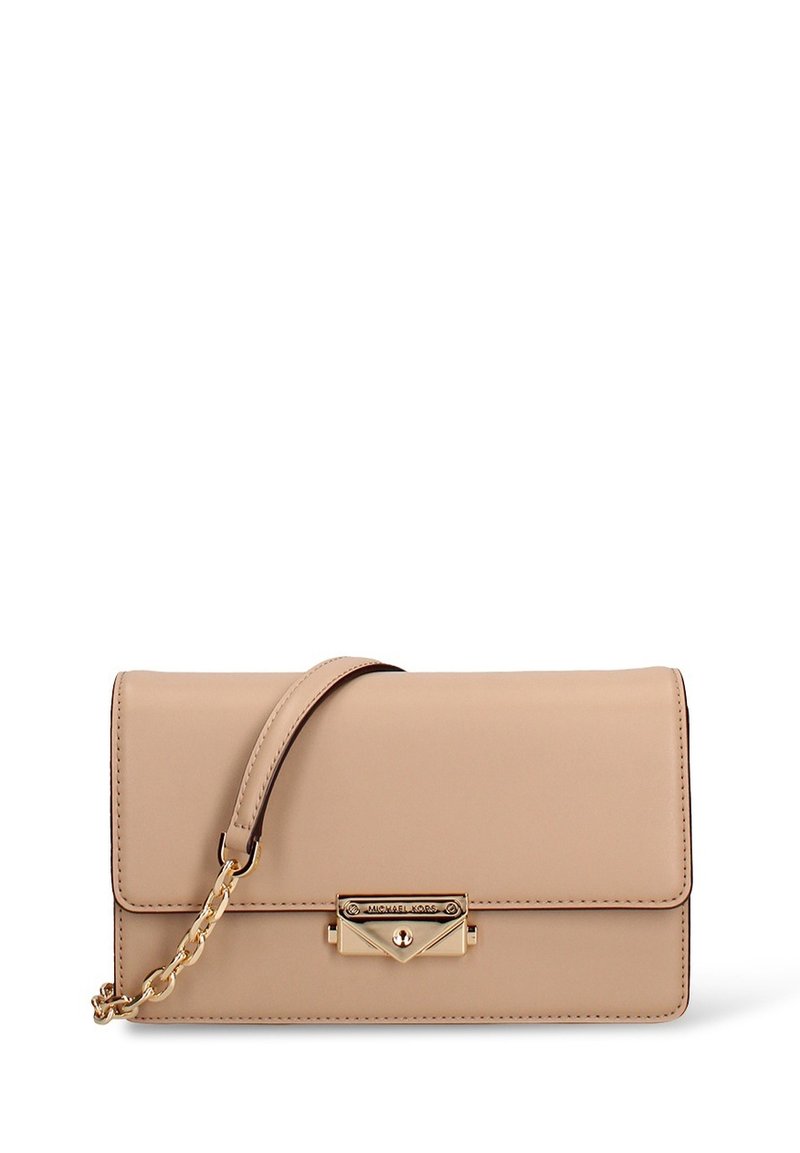 Beige leather handbag with gold hardware, featuring a front flap, chain accent strap, and a smooth texture. Compact rectangular shape.