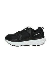 Scarpa da ginnastica nera con tomaia sintetica liscia, intersuola bianca imbottita, suola nera robusta e dettaglio del logo sul lato.