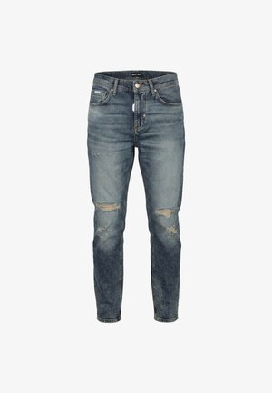 Lichtblauwe denim jeans met een relaxte pasvorm, voorzien van versleten delen en rafelige zoomdetails. Standaard ontwerp met vijf zakken en knoopsluiting.