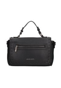 Borsa a mano in pelle nera con finitura testurizzata, manico superiore, tasca con zip e rivestimenti decorativi lungo il bordo. Nome del marchio stampato in argento.