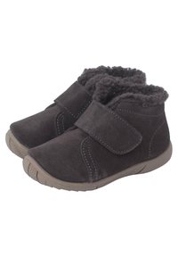 Botas de tobillo de ante gris con un forro gris suave, cierre de tira autoadhesiva y suela de goma texturizada. Forma compacta para mayor comodidad.