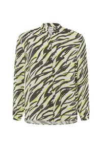 Langemouwen shirt met een gedurfde zwart en neon groene penseelstreken patroon op een witte achtergrond, voorzien van een mandarin kraag en knoopsluiting.