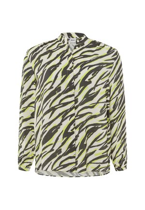Langemouwen shirt met een gedurfde zwart en neon groene penseelstreken patroon op een witte achtergrond, voorzien van een mandarin kraag en knoopsluiting.