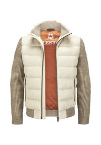 Leichte, cremige Pufferjacke mit gestrickten beigen Ärmeln, Reißverschluss vorne, hohem Kragen und orangefarbener Innenausstattung mit einem Logo.
