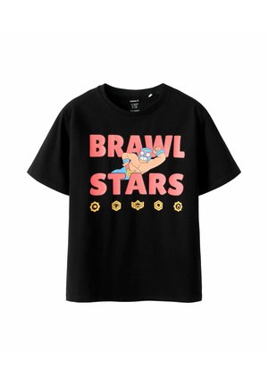 Maglietta nera con scritta rossa "BRAWL STARS", raffigurante un personaggio cartone animato lottatore che si mostra muscoloso e cinque icone gialle relative al gioco sotto la scritta.