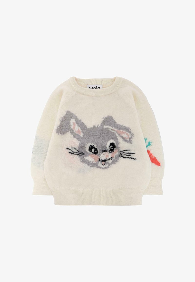 Kremowy sweter z szarym motywem królika o dużych oczach i marchewce, wykonany z miękkiej dzianiny z okrągłym dekoltem.