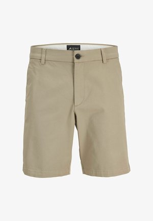 Beige cotton shorts with a button closure, belt loops, and side pockets. Flat front and clean hem, featuring a smooth texture.