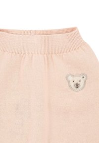 Pantaloni a maglia rosa con una texture morbida e una toppa ricamata a forma di testa d'orso sul davanti. Vita elastica per il massimo comfort.