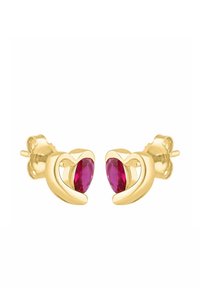 Pendientes de botón en forma de corazón de oro con piedras preciosas rosa corte marquesa, diseño elegante y acabado pulido. Dimensiones totales pequeñas.