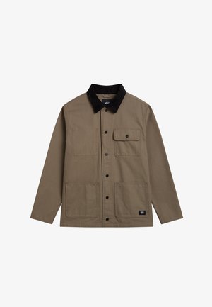 Braune Canvasjacke mit einem schwarzen Cordkragen, zwei Vorderaschen und Druckknopfverschlüssen. Sie zeichnet sich durch klare Linien und ein lässiges Schnittdesign aus.