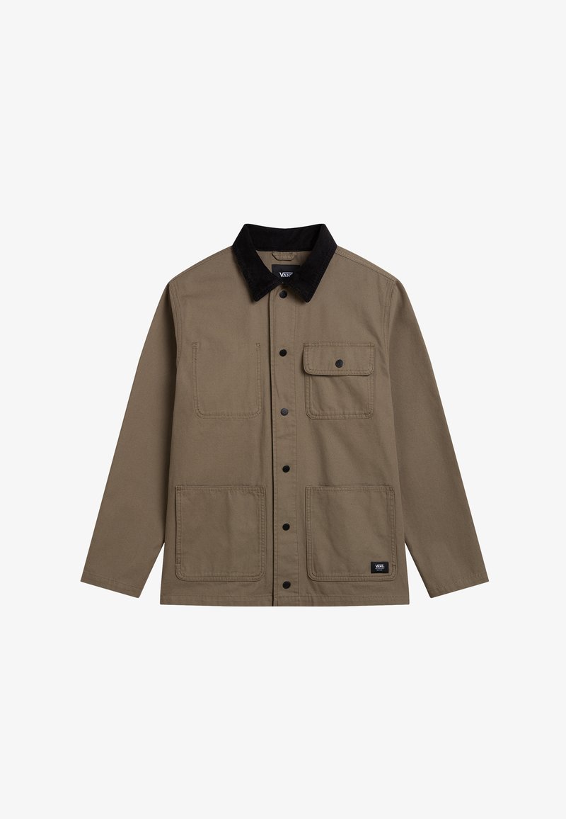 Braune Canvasjacke mit einem schwarzen Cordkragen, zwei Vorderaschen und Druckknopfverschlüssen. Sie zeichnet sich durch klare Linien und ein lässiges Schnittdesign aus.