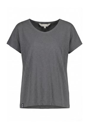 Dunkelgraues Baumwoll-T-Shirt mit kurzen Ärmeln, rundem Ausschnitt und kleinem schwarzem Etikett am unteren linken Saum, Größe S.