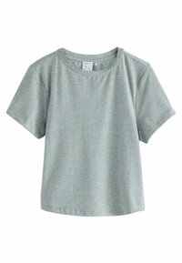 Grå kortärmad T-shirt i mjuk bomull med rund halsringning och avslappnad passform. Har en subtil textur och inga mönster.