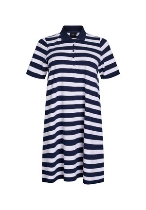 Pukukau ja valkoinen raidallinen polo-mekko, joka on valmistettu puuvillasekoitteesta. Mekossa on kauluksellinen pääntie ja napitus edessä, sekä lyhyet hihat.