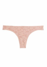 Pink lace thong with floral pattern, featuring a seamless waistband and thin side straps. Soft texture with intricate detailing.