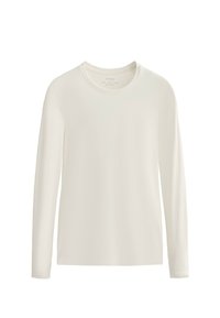 Langarmhemd in Off-White, aus weichem Stoff gefertigt, mit Rundhalsausschnitt und einer glatten, strukturierten Oberfläche. Keine sichtbaren Muster oder Akzente.