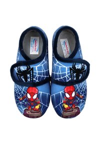 Zapatillas azules con un gráfico de Spiderman, que presentan un patrón de telaraña, tela suave y una correa negra ajustable con el logo de una araña.