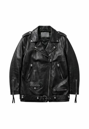 Veste de motard en cuir noir avec fermeture éclair asymétrique sur le devant, poches zippées, col à boutons-pression, épaulettes et ceinture à l’ourlet.