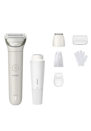 Rasoi elettrico Philips wet and dry di colore bianco con testa argento; include accessori: rifinitore, pettine, custodia, guanti e spazzola per la pulizia.