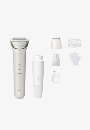 Philips nat en droog elektrische scheermes in het wit met een zilveren kop; inclusief accessoires: trimmer, kam, tas, handschoenen en schoonmaakborstel.