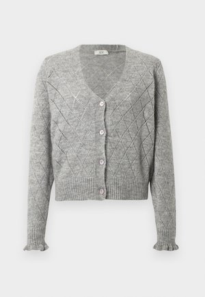 Gray knitted cardigan with a diamond pattern, featuring a v-neck, five pink buttons, and ribbed cuffs and hem. Cropped length.